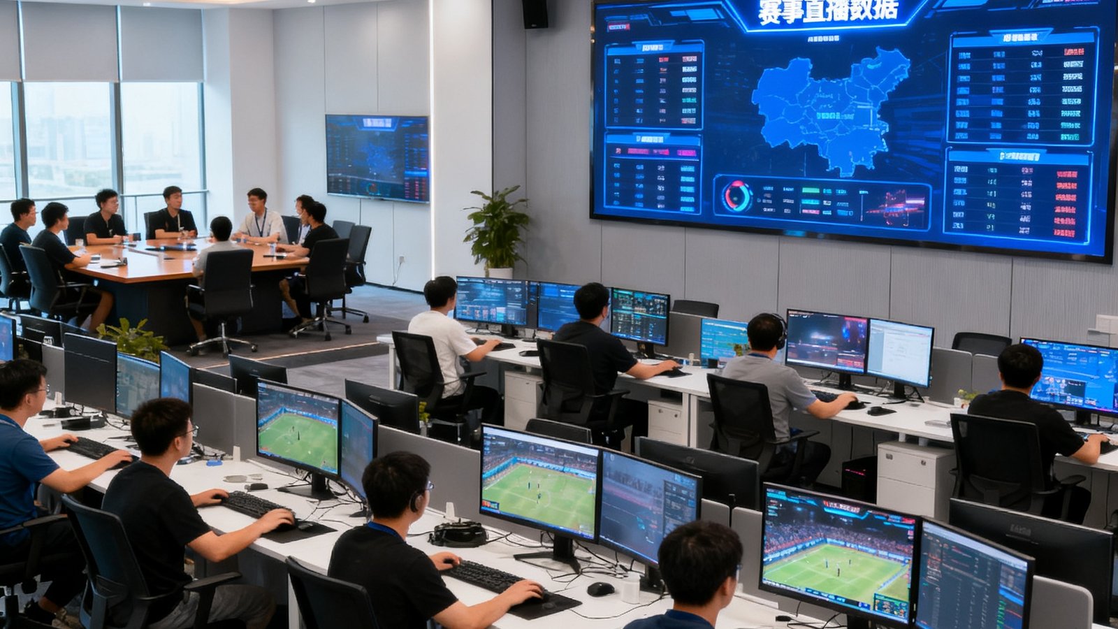 爱游戏网北京办公室实拍画面，开放式办公区内数十名员工在双显示器工位上专注工作，墙壁上挂着大型LED屏幕实时显示赛事直播数据，会议室内正在进行战术分析讨论，整体环境现代明亮充满活力