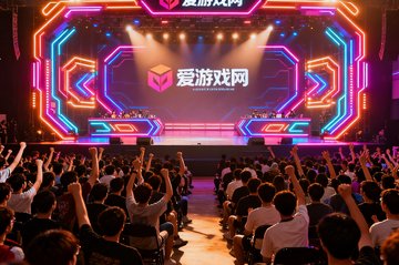 爱游戏网五周年庆典活动现场照片，舞台上装饰着霓虹灯光和品牌标识，台下观众席坐满热情的粉丝，气氛热烈