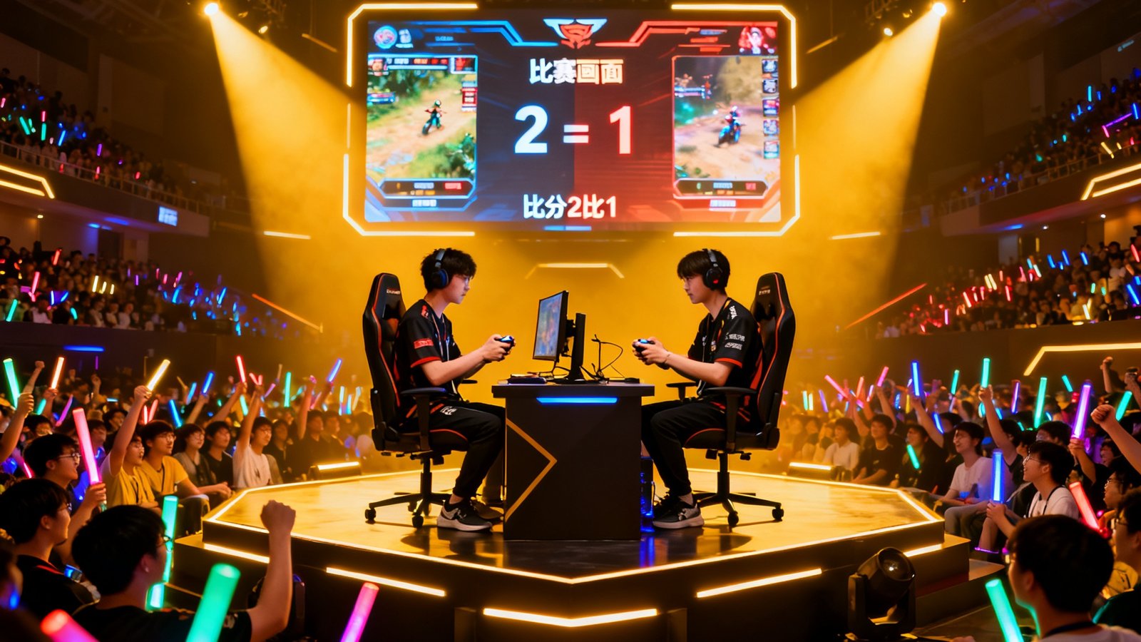 FIFA电竞世界杯决赛现场，明亮的舞台中央两名职业选手紧握手柄全神贯注地盯着屏幕，舞台上方巨型LED屏幕实时显示比赛画面和比分2比1，台下数百名观众激动地挥舞着荧光棒